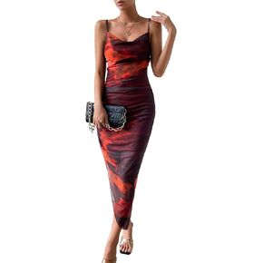 SOLY HUX Women's Tie Dye Cowl Neck Split Hem Bodycon Cami Dress Backless Long Dresses