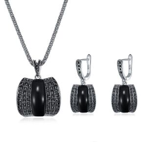 Vintage Green Black Crystal Geometric Stone Necklace Earrings Fashion Jewelry Sets Christmas Day Gifts