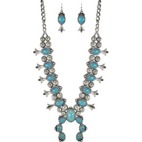 Turquoise Squash Blossom Vintage Metal Statement Necklace/w Earrings No.95