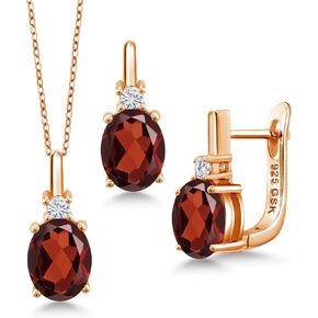 Gem Stone King 18K Rose Gold Plated Silver Pendant and Earrings Jewelry Set Oval Red Garnet and Moissanite (6.57 Cttw)