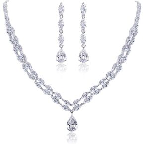 EVER FAITH Wedding Prong Clear CZ 2 Layer Marquise-Shape Necklace Earrings Set Silver-Tone