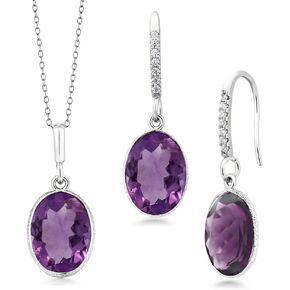 Gem Stone King 925 Sterling Silver Purple Amethyst Pendant and Earrings Jewelry Set For Women (15.00 Cttw, Gemstone Birthstone, Oval 10X14MM, with 18 Inch Silver Chain)