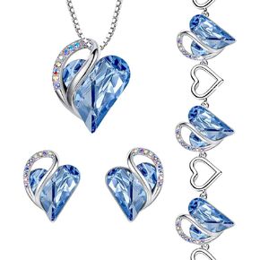 قلادة Leafael Infinity Love Heart، وأقراط مسمارية، وسوار للنساء، مجوهرات كريستال جوهرة ميلاد مارس، هدايا فضية اللون للنساء، أزرق ياقوتي فاتح