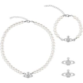 Saturn Pearl Necklace y2k Necklace Choker Indie Necklace Bracelet Earrings Jewelry Set (Silver (Dangle Earrings)) in Kuwait