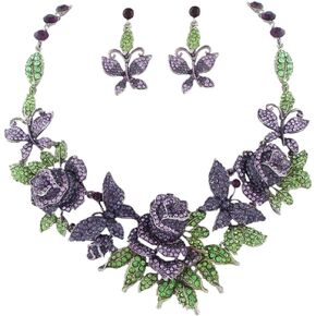 EVER FAITH Austrian Crystal Enamel Butterfly Rose Flower Leaf Necklace Earrings Set
