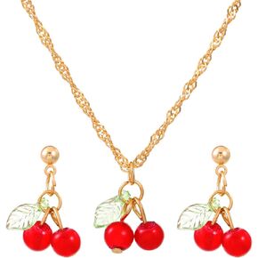 Red Crystal Cherry Fruit Earring Pendant Necklace for Women Girls,Creative Cute Summer Tropical Fruit Cherry Choker Sweet Shining Green Leaf Ruby Red Cherry Stud Earrings