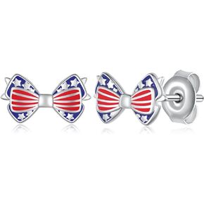 American Flag earrings 925 Sterling Silver 4th of July Bow Earrings Patriotic Jewelry for Women Girls