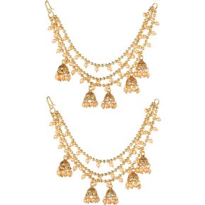 Gold Plated Bahubali Earrings Hair Chain With Small Dangling Jhumki Crafted By Indian For Women