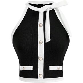 GORGLITTER Women's Colorblock Pearls Decor Tank Top Patchwork Sleeveless Crop Camisole Top