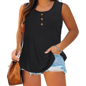 CARCOS Plus Size Tank Tops for Women Hollow Out Sleeveless Shirts Crewneck Embroidery Tee Tunics Casual Camisole Tank XL-5XL