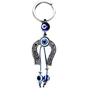 لاكبوستيوم سلسلة مفاتيح على شكل حدوة حصان من لاكي مع كريستال ازرق في المنتصف و2 عين شريرة متدلية من اجل الحظ السعيد والحماية - زينة معلقة للسيارة - مفاتيح المنزل والشنط وملحقات مراة الرؤية الخلفية in Kuwait