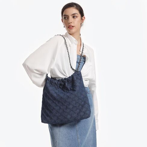 DSGUTWO Denim Tote Bag for Women, Chain Shoulder Bag Hobo Handbags, Large Quilted Top Handle Satchel Purse with Wallet in Saudi Arabia