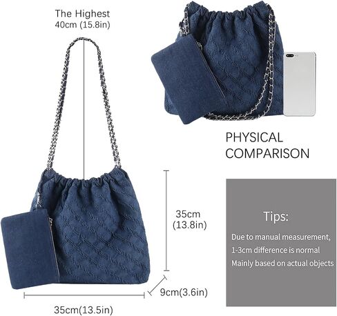 DSGUTWO Denim Tote Bag for Women, Chain Shoulder Bag Hobo Handbags, Large Quilted Top Handle Satchel Purse with Wallet in Saudi Arabia