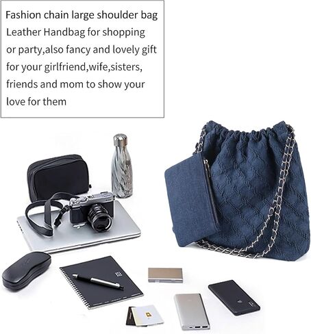 DSGUTWO Denim Tote Bag for Women, Chain Shoulder Bag Hobo Handbags, Large Quilted Top Handle Satchel Purse with Wallet in Saudi Arabia