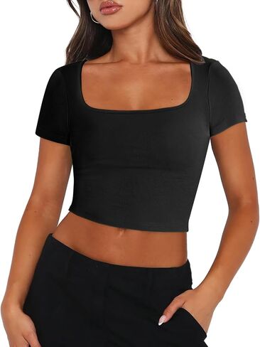 Zeagoo Women's Short Sleeve Square Neck T Shirt Slim Fitted Casual Basic Crop Top Going Out Tops in Saudi Arabia