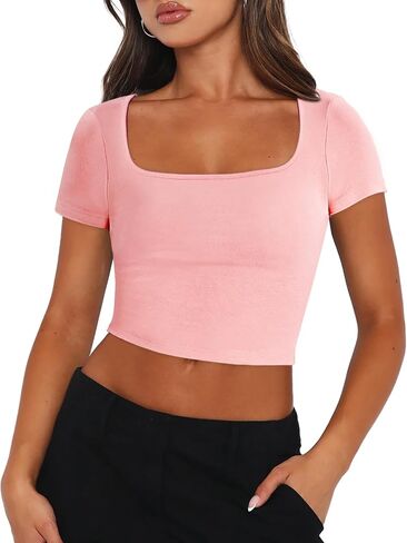 Zeagoo Women's Short Sleeve Square Neck T Shirt Slim Fitted Casual Basic Crop Top Going Out Tops in Saudi Arabia