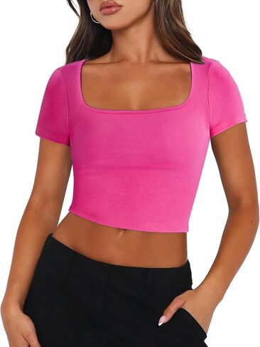 Zeagoo Women's Short Sleeve Square Neck T Shirt Slim Fitted Casual Basic Crop Top Going Out Tops in Saudi Arabia