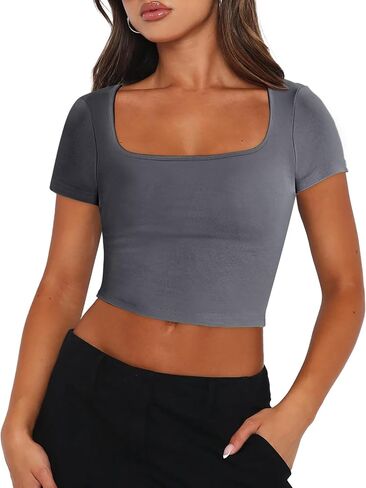 Zeagoo Women's Short Sleeve Square Neck T Shirt Slim Fitted Casual Basic Crop Top Going Out Tops in Saudi Arabia