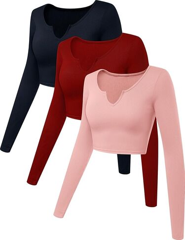 مجموعة من 3 قمصان نسائية من Locoowai بأكمام طويلة وقمصان قصيرة ضيقة ومضلعة ورقبة على شكل حرف V قمصان أساسية كاجوال متينة قابلة للتمدد in Kuwait