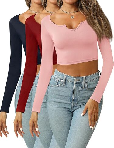 مجموعة من 3 قمصان نسائية من Locoowai بأكمام طويلة وقمصان قصيرة ضيقة ومضلعة ورقبة على شكل حرف V قمصان أساسية كاجوال متينة قابلة للتمدد in Kuwait