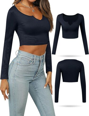 مجموعة من 3 قمصان نسائية من Locoowai بأكمام طويلة وقمصان قصيرة ضيقة ومضلعة ورقبة على شكل حرف V قمصان أساسية كاجوال متينة قابلة للتمدد in Kuwait