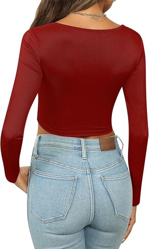 مجموعة من 3 قمصان نسائية من Locoowai بأكمام طويلة وقمصان قصيرة ضيقة ومضلعة ورقبة على شكل حرف V قمصان أساسية كاجوال متينة قابلة للتمدد in Kuwait