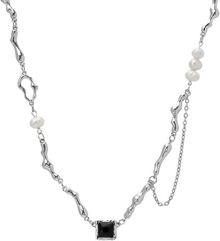بونجانت قلادة غير منتظمة Y2k معدنية للنساء نصف لؤلؤ نصف سلسلة باروك لؤلؤ المياه العذبة 15.75 بوصة in Kuwait
