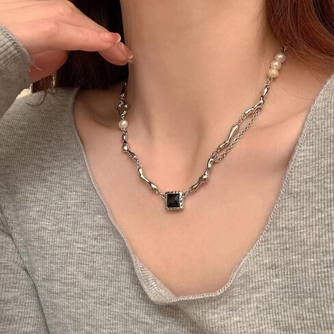 بونجانت قلادة غير منتظمة Y2k معدنية للنساء نصف لؤلؤ نصف سلسلة باروك لؤلؤ المياه العذبة 15.75 بوصة in Kuwait