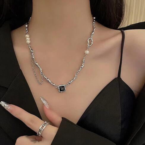 بونجانت قلادة غير منتظمة Y2k معدنية للنساء نصف لؤلؤ نصف سلسلة باروك لؤلؤ المياه العذبة 15.75 بوصة in Kuwait