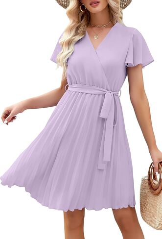 فستان OWIN للسيدات 2023 صيفي شيفون ملفوف على شكل حرف V لحفلات الزفاف وأكمام مكشكشة فساتين حفلات الكوكتيل غير رسمية بطيات in Kuwait