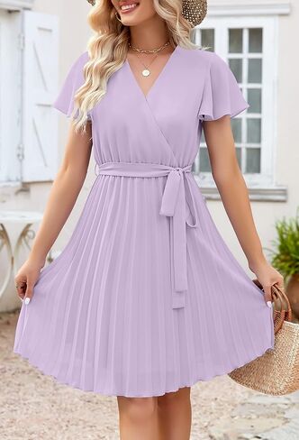 فستان OWIN للسيدات 2023 صيفي شيفون ملفوف على شكل حرف V لحفلات الزفاف وأكمام مكشكشة فساتين حفلات الكوكتيل غير رسمية بطيات in Kuwait