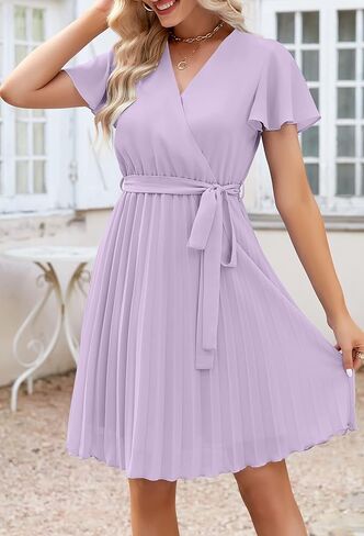 فستان OWIN للسيدات 2023 صيفي شيفون ملفوف على شكل حرف V لحفلات الزفاف وأكمام مكشكشة فساتين حفلات الكوكتيل غير رسمية بطيات in Kuwait