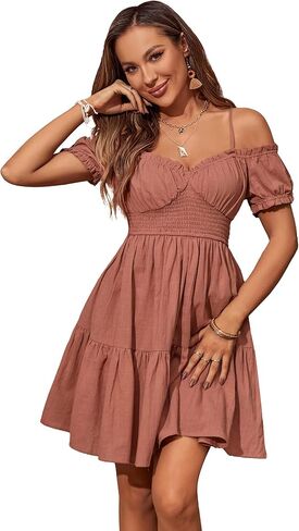 Zexxxy المرأة الصيف قبالة الكتف فستان قصير السباغيتي حزام كشكش نفخة الأكمام Smocked القطن فستان من الكتان مع جيوب S-XL in Kuwait