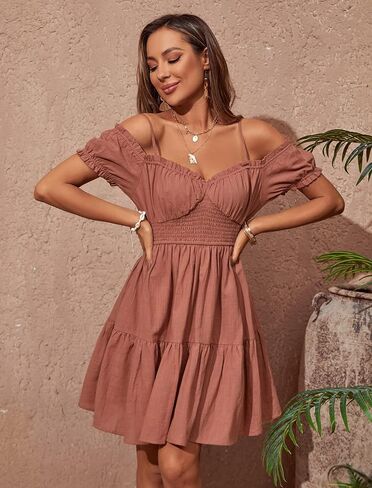 Zexxxy المرأة الصيف قبالة الكتف فستان قصير السباغيتي حزام كشكش نفخة الأكمام Smocked القطن فستان من الكتان مع جيوب S-XL in Kuwait