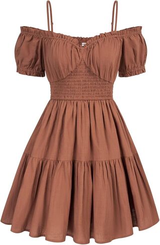 Zexxxy المرأة الصيف قبالة الكتف فستان قصير السباغيتي حزام كشكش نفخة الأكمام Smocked القطن فستان من الكتان مع جيوب S-XL in Kuwait