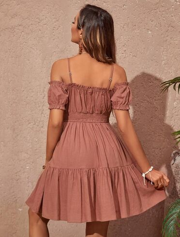 Zexxxy المرأة الصيف قبالة الكتف فستان قصير السباغيتي حزام كشكش نفخة الأكمام Smocked القطن فستان من الكتان مع جيوب S-XL in Kuwait