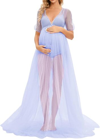 ZIUMUDY Maternity See Through Tulle Split Front Dress for Photoshoot Photography Short Sleeve Sheer in Saudi Arabia