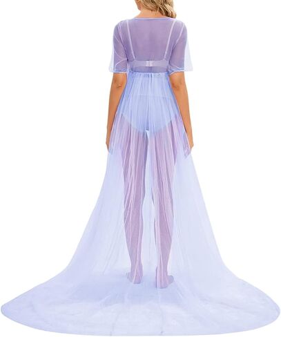 ZIUMUDY Maternity See Through Tulle Split Front Dress for Photoshoot Photography Short Sleeve Sheer in Saudi Arabia