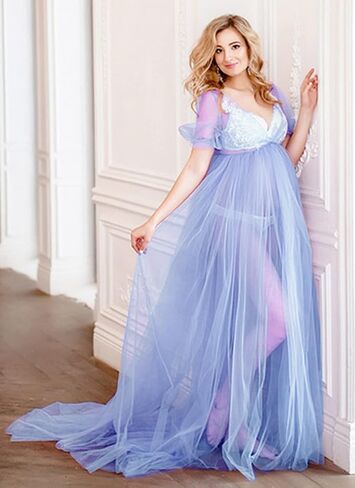 ZIUMUDY Maternity See Through Tulle Split Front Dress for Photoshoot Photography Short Sleeve Sheer in Saudi Arabia