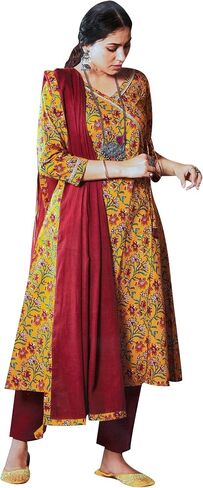 ladyline Womens Jaipuri Traditional Angrakha Cotton Printed Kurta with Pants & Dupatta Set (CESK 10DEV1350) in Saudi Arabia