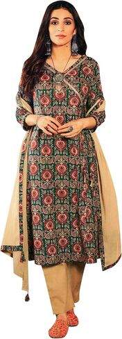 ladyline Womens Jaipuri Traditional Angrakha Cotton Printed Kurta with Pants & Dupatta Set (CESK 10DEV1350) in Saudi Arabia