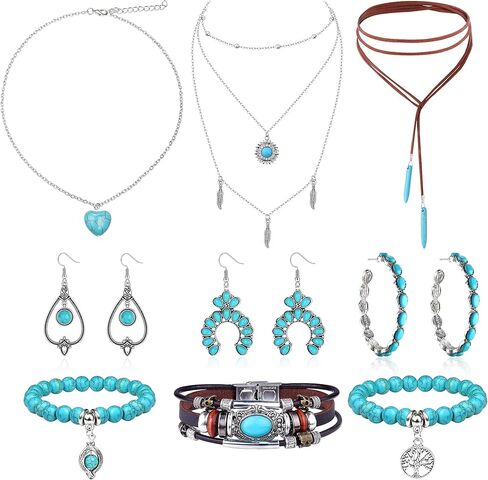 FIASASO 12 قطعة مجوهرات غربية للنساء البوهيمي الفيروزي أقراط قلادة سوار مجموعة بوهو تتدلى أقراط طويلة قلادة قلادة أساور جلدية الطبقات in Kuwait