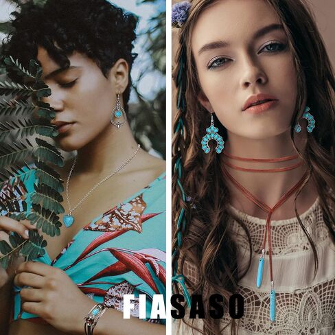 FIASASO 12 قطعة مجوهرات غربية للنساء البوهيمي الفيروزي أقراط قلادة سوار مجموعة بوهو تتدلى أقراط طويلة قلادة قلادة أساور جلدية الطبقات in Kuwait