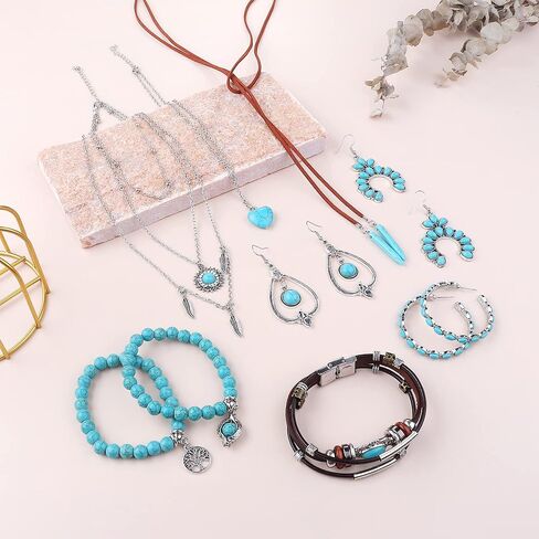 FIASASO 12 قطعة مجوهرات غربية للنساء البوهيمي الفيروزي أقراط قلادة سوار مجموعة بوهو تتدلى أقراط طويلة قلادة قلادة أساور جلدية الطبقات in Kuwait