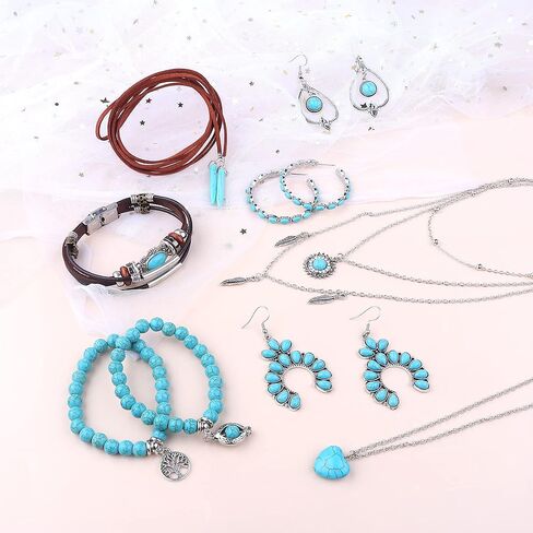 FIASASO 12 قطعة مجوهرات غربية للنساء البوهيمي الفيروزي أقراط قلادة سوار مجموعة بوهو تتدلى أقراط طويلة قلادة قلادة أساور جلدية الطبقات in Kuwait