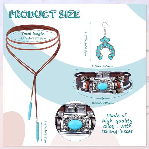 FIASASO 12 قطعة مجوهرات غربية للنساء البوهيمي الفيروزي أقراط قلادة سوار مجموعة بوهو تتدلى أقراط طويلة قلادة قلادة أساور جلدية الطبقات in Kuwait