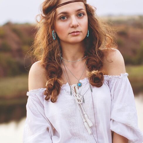 FIASASO 12 قطعة مجوهرات غربية للنساء البوهيمي الفيروزي أقراط قلادة سوار مجموعة بوهو تتدلى أقراط طويلة قلادة قلادة أساور جلدية الطبقات in Kuwait