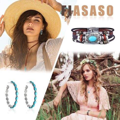 FIASASO 12 قطعة مجوهرات غربية للنساء البوهيمي الفيروزي أقراط قلادة سوار مجموعة بوهو تتدلى أقراط طويلة قلادة قلادة أساور جلدية الطبقات in Kuwait
