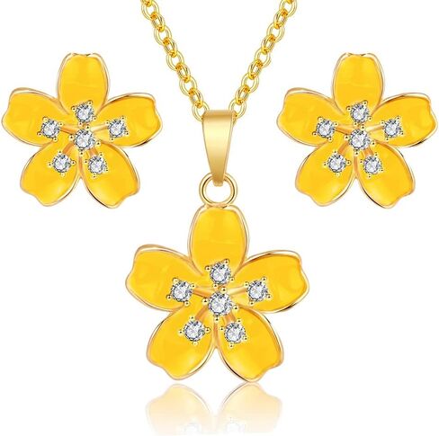 EVEVIC Fashion Cherry Blossom Necklace مجموعة أقراط للنساء 18K مطلية بالذهب لا تسبب الحساسية زهرة ساكورا مجموعة مجوهرات هدايا للنساء الفتيات in Saudi Arabia