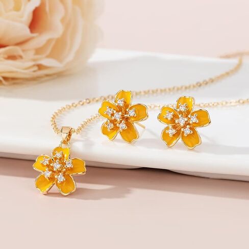 EVEVIC Fashion Cherry Blossom Necklace مجموعة أقراط للنساء 18K مطلية بالذهب لا تسبب الحساسية زهرة ساكورا مجموعة مجوهرات هدايا للنساء الفتيات in Saudi Arabia